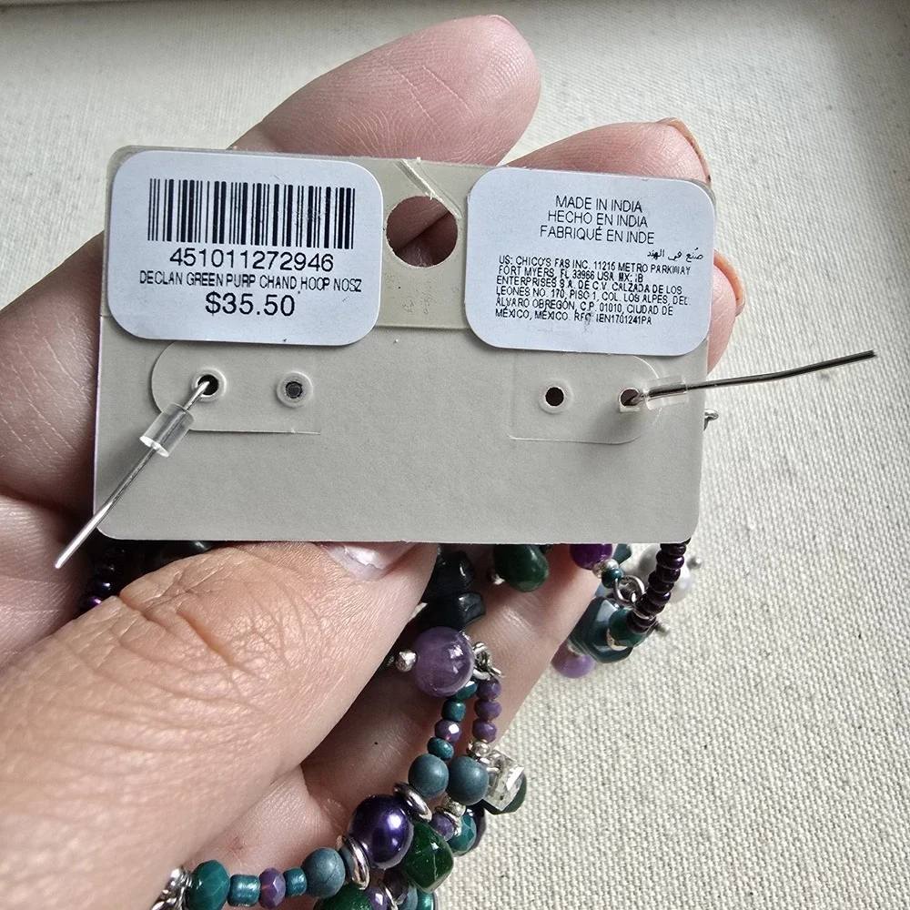 NWT Chico's Declan Green Purple Beaded‎ Chandelier Hoop Earrings Boho Statement